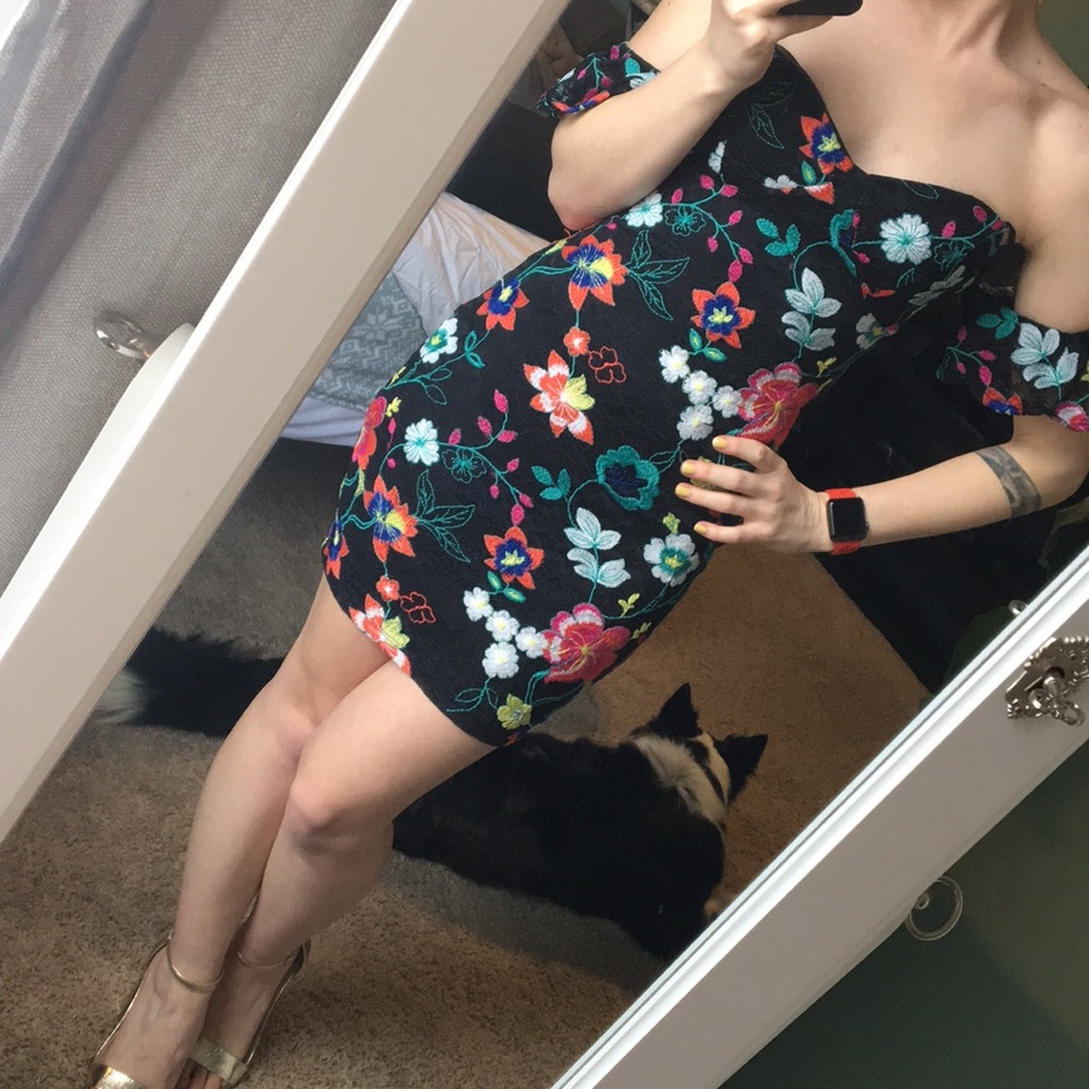 NWOT black lace dress with floral embroidery